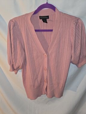 Design365 Pink Short-Sleeve Ribbed Button-Front Cardigan